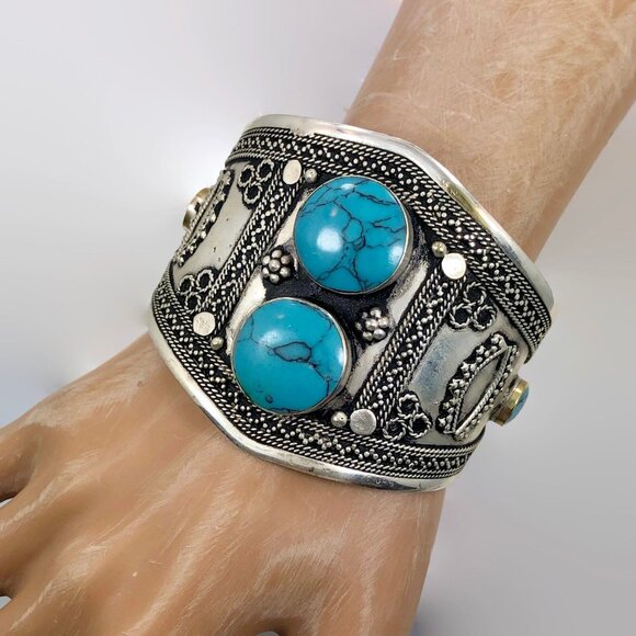 Kuchi Bracelet, Middle Eastern, Vintage Bracelet, Turquoise, Silver Wide Cuff - Picture 1 of 5